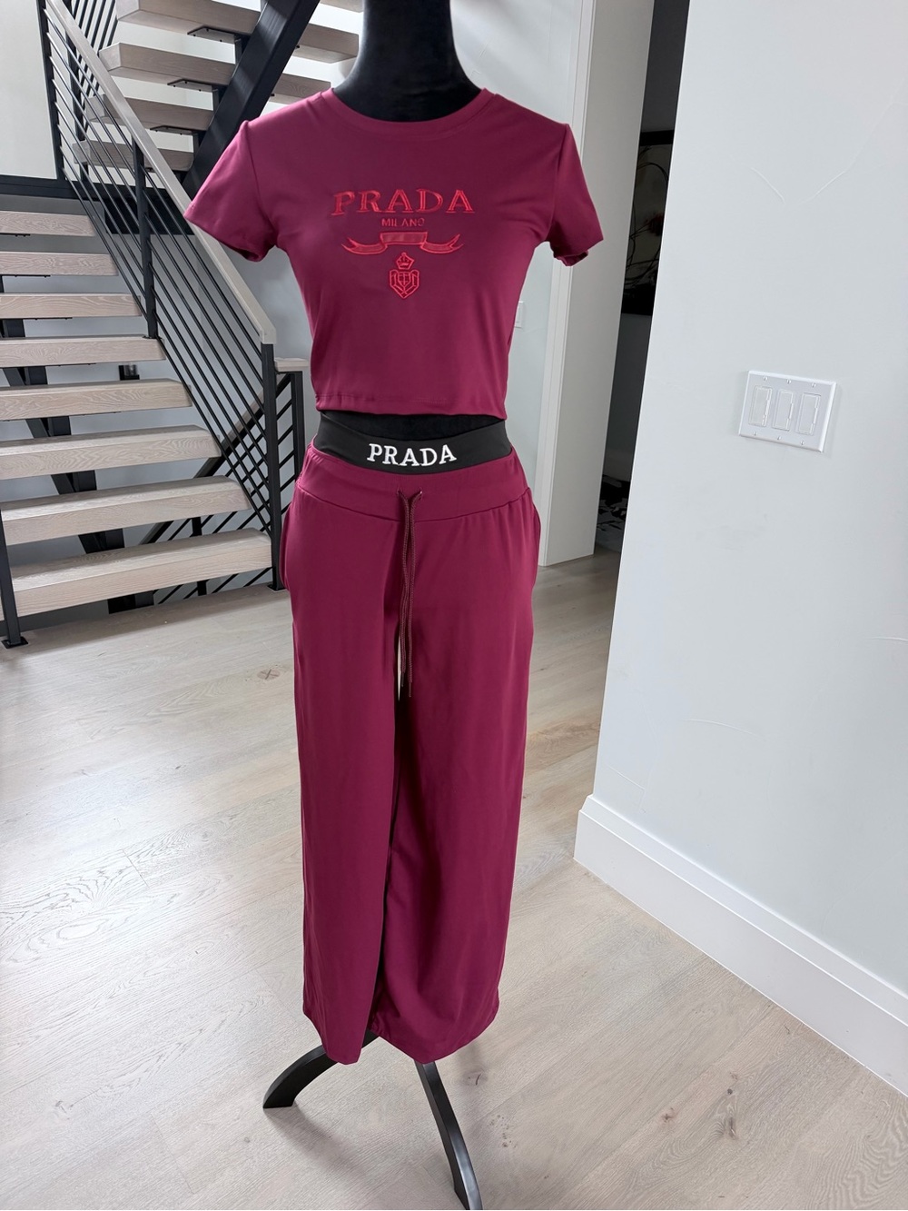 Burgundy Two Piece Matching Set with Wide-Leg Pants and crop top size S
